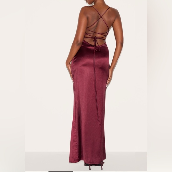 PrettyLittleThing Plum Satin Tie Back Maxi Dress - Picture 3 of 8